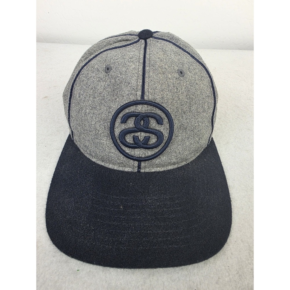 Stussy Double SS Wool Laine Blend Snapback Hat Gray Black Cap Embroidered Logo